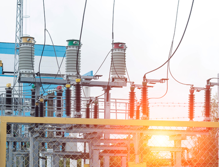 Power transformer in high voltage switchyard in modern electric substation, power station, energyの写真素材