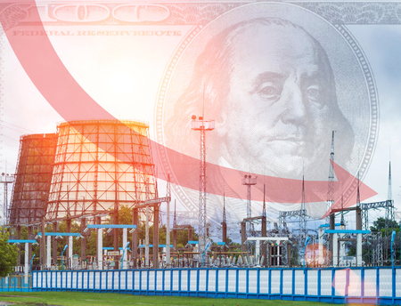 Power station and dollar in the sky, red arrow, lower electricity prices, powerhouseの写真素材