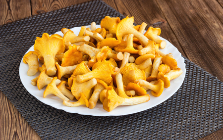 Plate with mushrooms chanterelles on a wooden background, darnerの写真素材