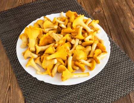 Plate with mushrooms chanterelles on a wooden background, darnerの写真素材