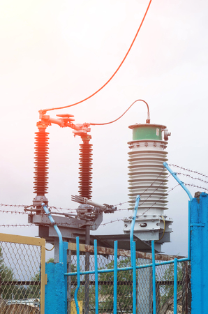Electric insulator, close-up, garland insulator, electric stationの写真素材