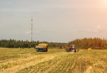 Agriculture and harvesting on the farm field near the ranch, tractor collects or picks bales of straw and loads haystack into the trailer on countryside, farmer on a tractor with bale of hayの写真素材