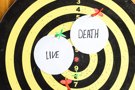 Target with darts in the center of which the inscription live and death, close-upの写真素材