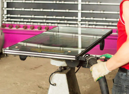 Production of PVC windows, assembly of double-glazed windows, tightness, double-glazed windows, double-glazed windowsの写真素材