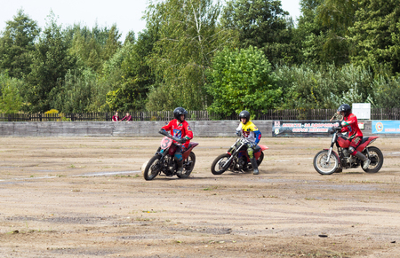 BOBRUISK, BELARUS - September 7, 2018: Motoball, young guys play motorcycles in motoball competitions ballのeditorial素材