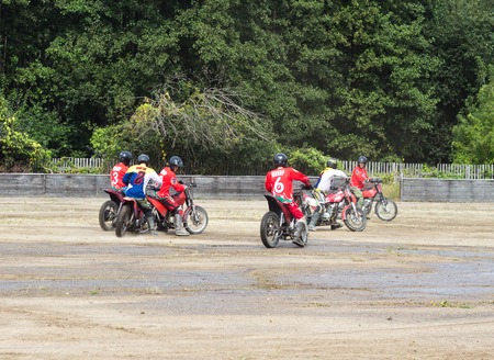 BOBRUISK, BELARUS - September 7, 2018: Motoball, young guys play motorcycles in motoball competitions ballのeditorial素材