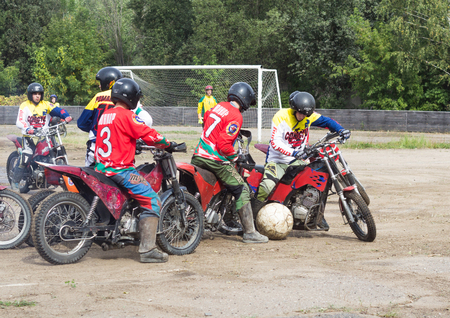BOBRUISK, BELARUS - September 7, 2018: Motoball, young guys play motorcycles in motoball competitions ballのeditorial素材