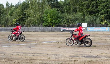 BOBRUISK, BELARUS - September 7, 2018: Motoball, young guys play motorcycles in motoball competitions ballのeditorial素材