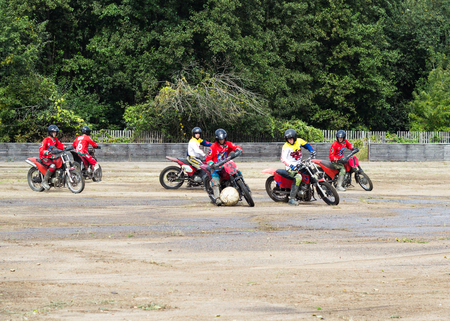 BOBRUISK, BELARUS - September 7, 2018: Motoball, young guys play motorcycles in motoball competitions ballのeditorial素材