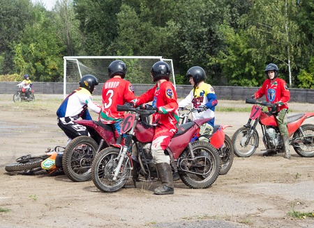 BOBRUISK, BELARUS - September 7, 2018: Motoball, young guys play motorcycles in motoball competitions ballのeditorial素材