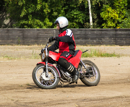BOBRUISK, BELARUS - September 8, 2018: Motoball, young guys play motorcycles in motoball competitions ballのeditorial素材
