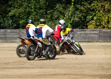 BOBRUISK, BELARUS - September 8, 2018: Motoball, young guys play motorcycles in motoball competitions ballのeditorial素材
