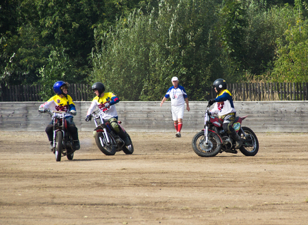 BOBRUISK, BELARUS - September 8, 2018: Motoball, young guys play motorcycles in motoball competitions ballのeditorial素材