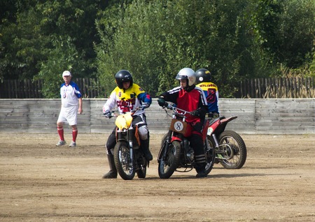 BOBRUISK, BELARUS - September 8, 2018: Motoball, young guys play motorcycles in motoball competitions ballのeditorial素材