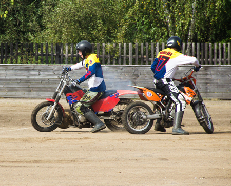 BOBRUISK, BELARUS - September 8, 2018: Motoball, young guys play motorcycles in motoball competitions ballのeditorial素材