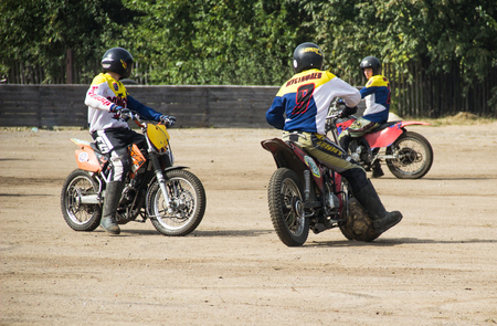 BOBRUISK, BELARUS - September 8, 2018: Motoball, young guys play motorcycles in motoball competitions ballのeditorial素材