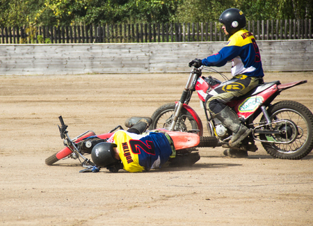BOBRUISK, BELARUS - September 8, 2018: Motoball, young guys play motorcycles in motoball competitions ballのeditorial素材