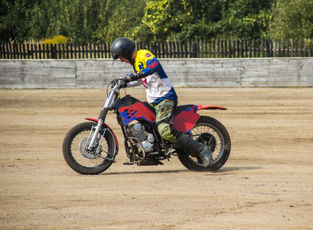 BOBRUISK, BELARUS - September 8, 2018: Motoball, young guys play motorcycles in motoball competitions ballのeditorial素材