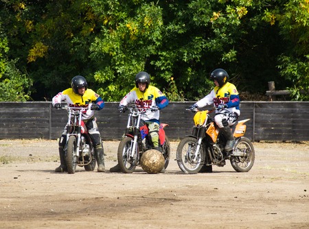 BOBRUISK, BELARUS - September 8, 2018: Motoball, young guys play motorcycles in motoball competitions ballのeditorial素材