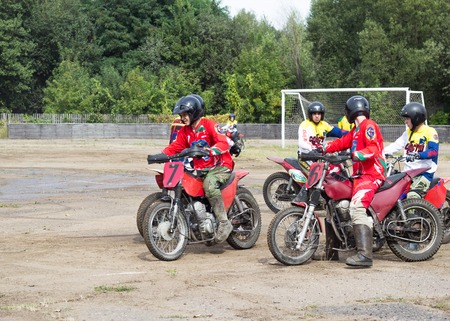 BOBRUISK, BELARUS - September 7, 2018: Motoball, young guys play motorcycles in motoball competitions ballのeditorial素材