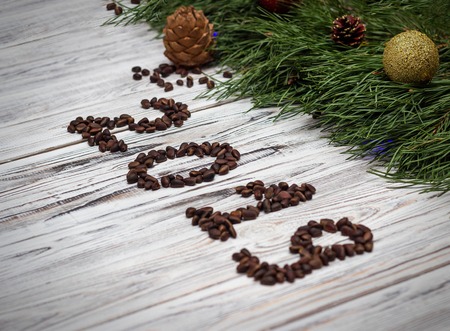 The inscription 2019 made of pine nuts on a white wooden background, with spruce branches and novogodnymi balls, decorationの写真素材