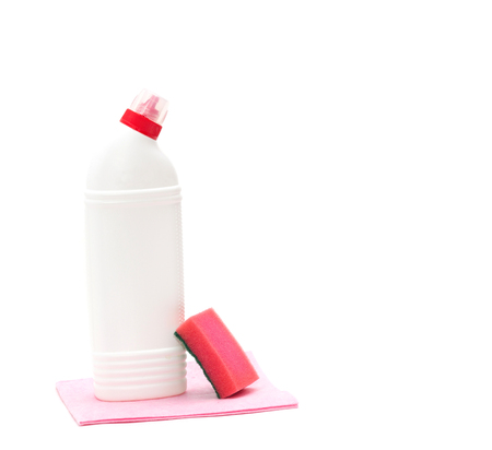 White bottle with cleaning agent and a sponge on a white background, a place for an inscription, cleaning gel, detergentの写真素材