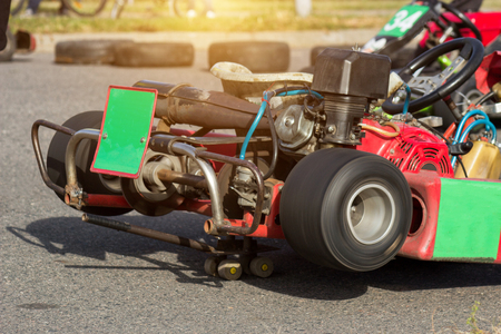 Check and adjust the racing kart before the competition, karting competition, jack, close-up, actionの写真素材