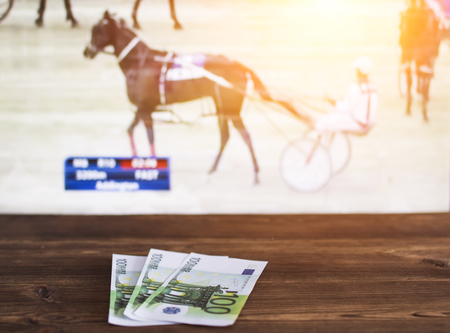 Euro money on the background of a TV on which the sport of trotting shows, sports betting, trottingの写真素材