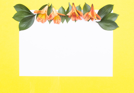 Blank white paper on a yellow background with petals and orange hibiscus flowers, greeting card mockupの写真素材