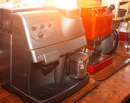 Two coffee machines are in a cafe for coffee, sun, close-up, espressoの写真素材