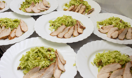 Several servings of cabbage and ham salad, appetizer, banquet preparation, vegetableの写真素材