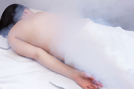 Treatment of diseases of the back and skin of a girl with osteochondrosis and intervertebral hernia with the help of physiotherapy cryotherapy, cold treatment, azoteの写真素材
