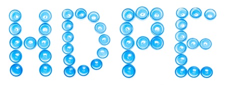 Sign designation blue plastic jars on a white background the word HDPE, High density polyethylene,...