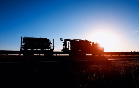 Timber truck transports timber logs and timber against the backdrop of a sunset and a blue sky, logistics and freight concept, copy space, trucking industryの写真素材