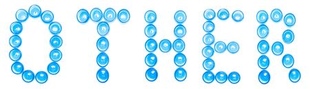 Sign designation blue plastic jars on a white background the word OTHER, High density polyethylene, isolate, plasticの写真素材