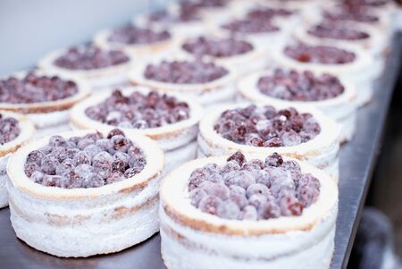 Making biscuit cakes with condensed milk in the confectionery industry with fresh cherry, food...