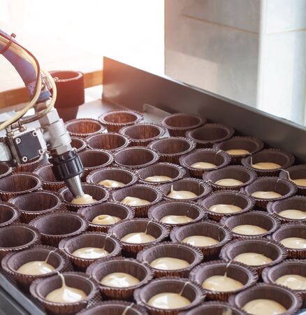Making chocolate muffins in the confectionery industry. Delicious pastry for dessert, copy space,...