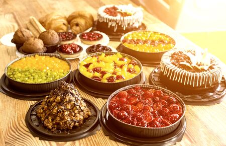 still life of cakes and sweets in the production of desserts, background, condensedの写真素材