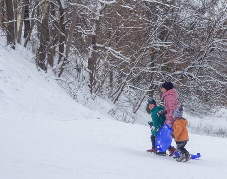 A lot of people children and adults ride a sled in the winter in the snow, gladness. BOBRUISK,...