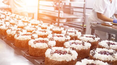Making sponge cakes with cream at a confectionery factory. Cook decorates cake with cream, sweet...