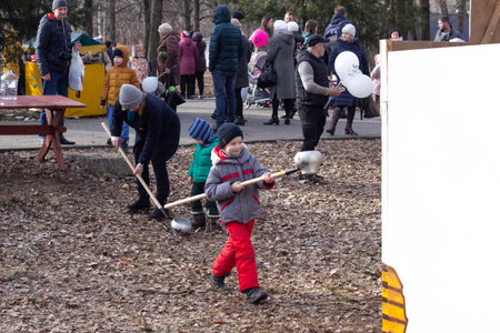 BOBRUISK, BELARUS 10.03.2019: Urban traditional festivities for Carnival Children have fun in competitionsのeditorial素材