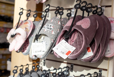 MINSK, BELARUS 17.10.2019: Sale of warm home slippers, eleganceのeditorial素材