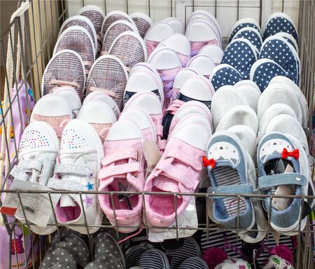 MINSK, BELARUS 17.10.2019: Sale of modern and beautiful children's shoes for children, eleganceのeditorial素材