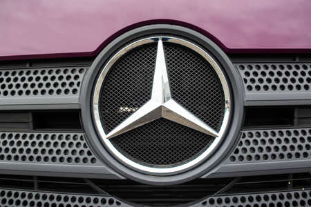 MINSK, BELARUS 21.09.2019: Big emblem Mercedes on a truck Mercedes Actros, logotypeのeditorial素材
