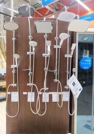 Bobruisk Belarus 19.09.2019: Sale of water taps and rains in the shower bathroom, decorationのeditorial素材