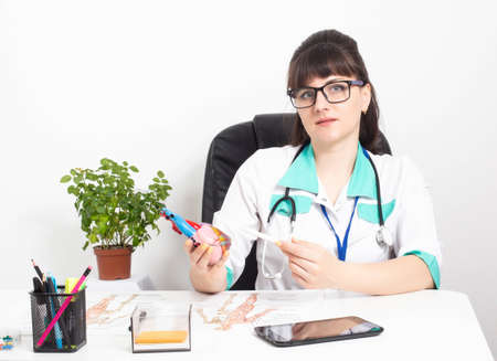 Female doctor cardiologist with a mock heart in hands in a doctor's office. The concept of treatment and heart surgery, bypass and stenting, copy spaceの写真素材