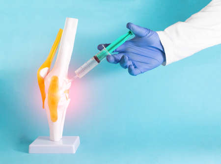 The doctor makes a therapeutic injection into the mock knee joint with corticosteroid and ozone. Concept for the treatment of knee joints using injection blockade. Blue background, copy space for text. Ozone therapy and chondroprotector, stem cellsの写真素材