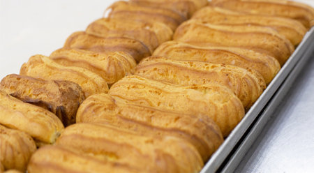 Fresh custard eclairs cakes lie on the table, background, pastry, handmade, delicious