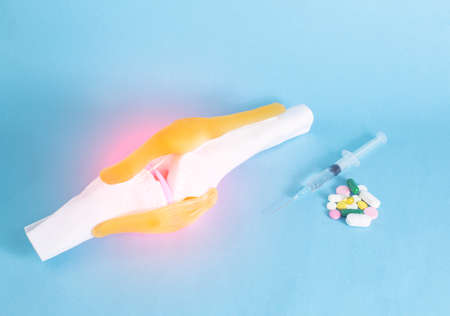 Knee joint mockup on a blue background and pills with a syringe. The concept of treatment of the knee joint with chondroprotectors and anti-inflammatory drugs, glucosteroidsの写真素材