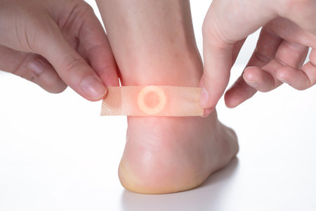 A woman sticks a medical plaster for the treatment of warts on the foot. Close-up, problem
